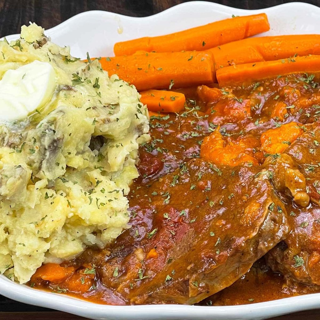 Picture of: Swiss Steak with Mashed Potatoes & Carrots